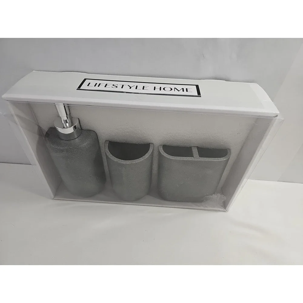 Sandstone Resin Bath Accessor 3 Pcs Soap Dispenser, Toothbrush Holder, Tumbler
